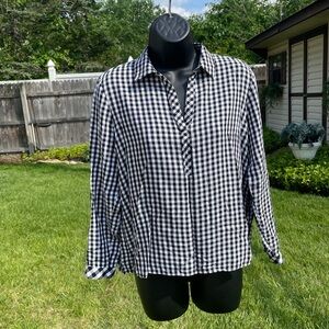 J Jill women’s blouse gingham v neck popover SMALL soft long sleeve collared